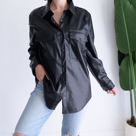 Laundry By Shelli Segal Black Faux Leather Button Shacket Jacket Size Large - Picture 2 of 16